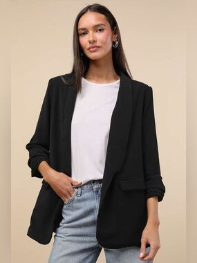Superior Aesthetic Black Three-Quarter Sleeve Ruched Blazer